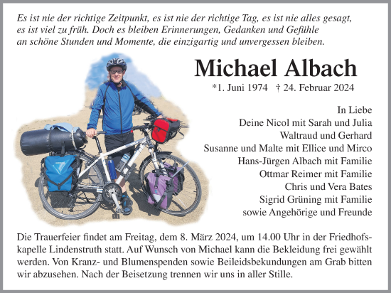 Traueranzeige von Michael Albach von Giessener Anzeiger, Giessener Allgemeine, Alsfelder Allgemeine