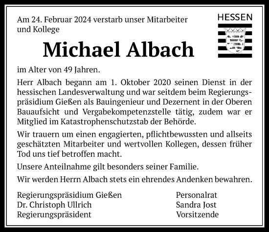 Traueranzeige von Michael Albach von Giessener Anzeiger