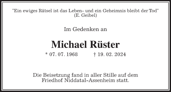 Traueranzeige von Michael Rüster von Wetterauer Zeitung