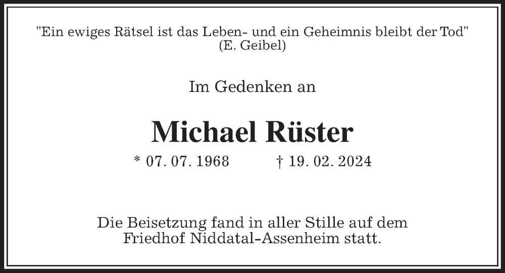  Traueranzeige für Michael Rüster vom 16.03.2024 aus Wetterauer Zeitung