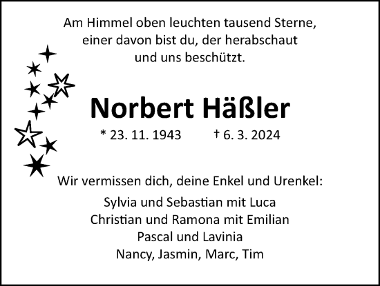Traueranzeige von Norbert Häßler von Kreis-Anzeiger