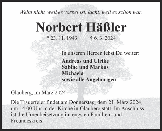 Traueranzeige von Norbert Häßler von Kreis-Anzeiger