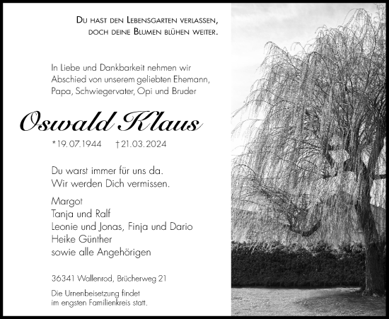 Traueranzeige von Oswald Klaus von Lauterbacher Anzeiger