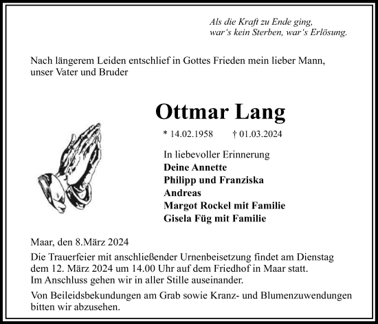 Traueranzeige von Ottmar Lang von Lauterbacher Anzeiger