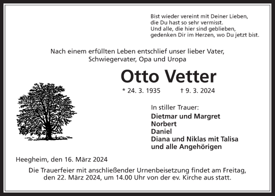 Traueranzeige von Otto Vetter von Kreis-Anzeiger
