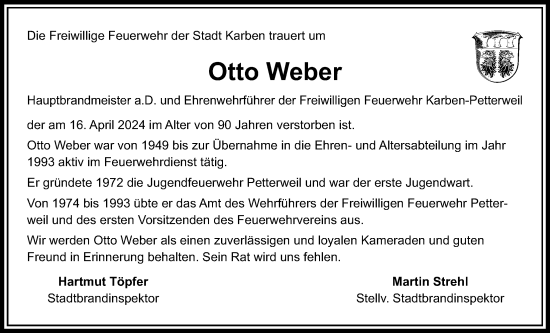 Traueranzeige von Otto Weber von Wetterauer Zeitung