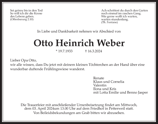 Traueranzeige von Otto Heinrich Weber von Bad Vilbel/Karben