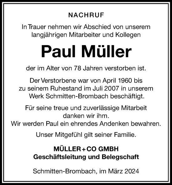 Traueranzeige von Paul Müller von Usinger Anzeiger
