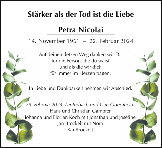 Traueranzeige von Petra Nicolai von Lauterbacher Anzeiger