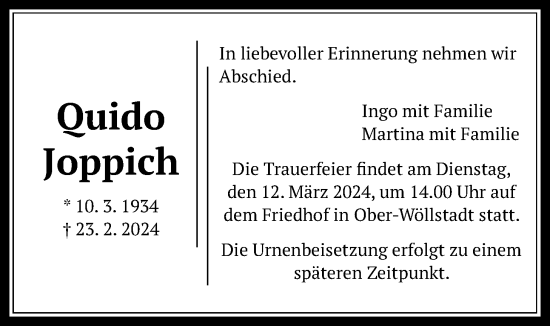 Traueranzeige von Quido Joppich von Wetterauer Zeitung