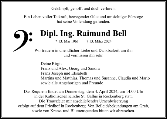 Traueranzeige von Raimund Bell von Wetterauer Zeitung, Butzbacher Zeitung