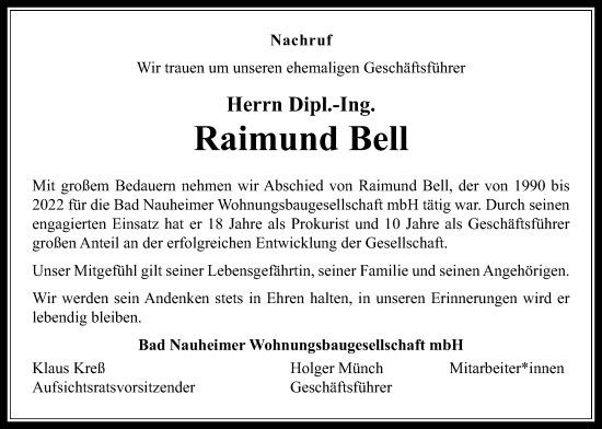 Traueranzeige von Raimund Bell von Wetterauer Zeitung, Butzbacher Zeitung
