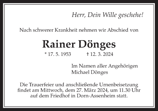 Traueranzeige von Rainer Dönges von Wetterauer Zeitung