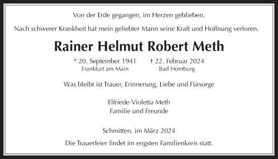 Traueranzeige von Rainer Helmut Robert Meth von Usinger Anzeiger