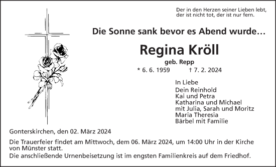 Traueranzeige von Regina Kröll von Giessener Allgemeine, Alsfelder Allgemeine