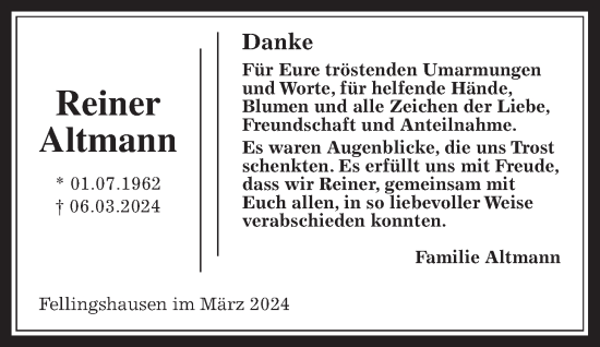 Traueranzeige von Reiner Altmann von Giessener Allgemeine, Alsfelder Allgemeine