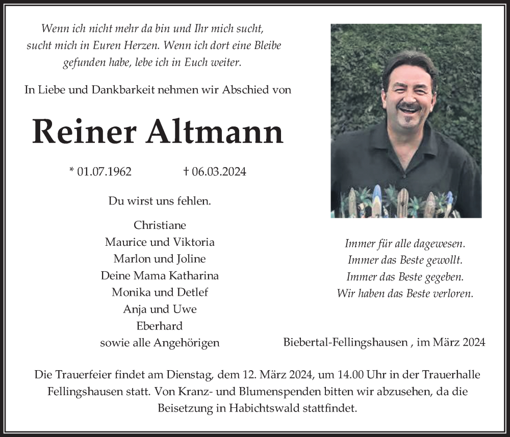  Traueranzeige für Reiner Altmann vom 09.03.2024 aus Giessener Allgemeine, Alsfelder Allgemeine