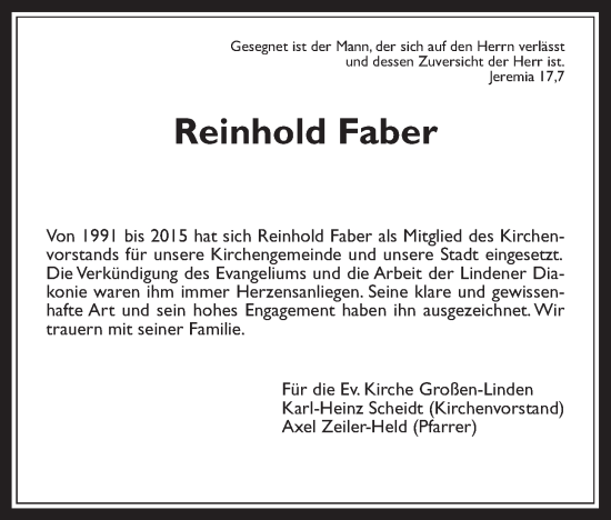 Traueranzeige von Reinhold Faber von Giessener Allgemeine, Alsfelder Allgemeine