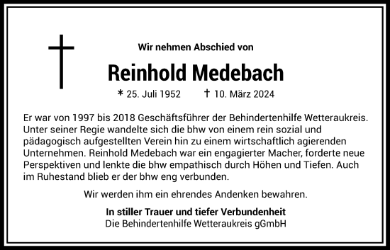 Traueranzeige von Reinhold Medebach von Kreis-Anzeiger, Wetterauer Zeitung