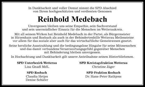 Traueranzeige von Reinhold Medebach von Wetterauer Zeitung