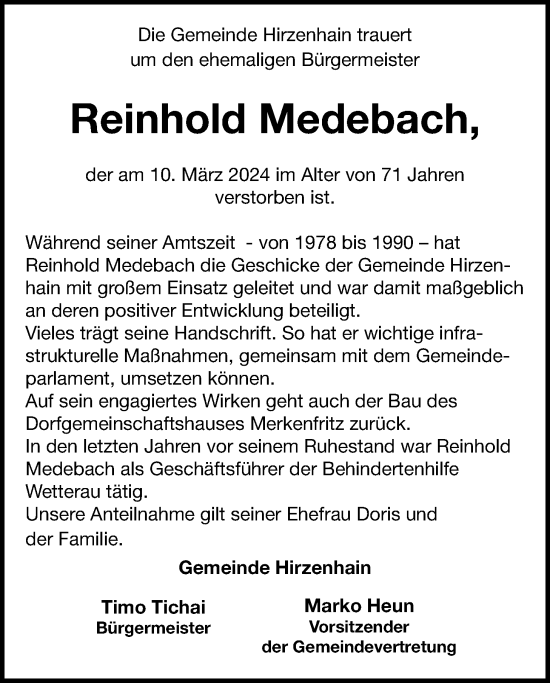 Traueranzeige von Reinhold Medebach von Kreis-Anzeiger