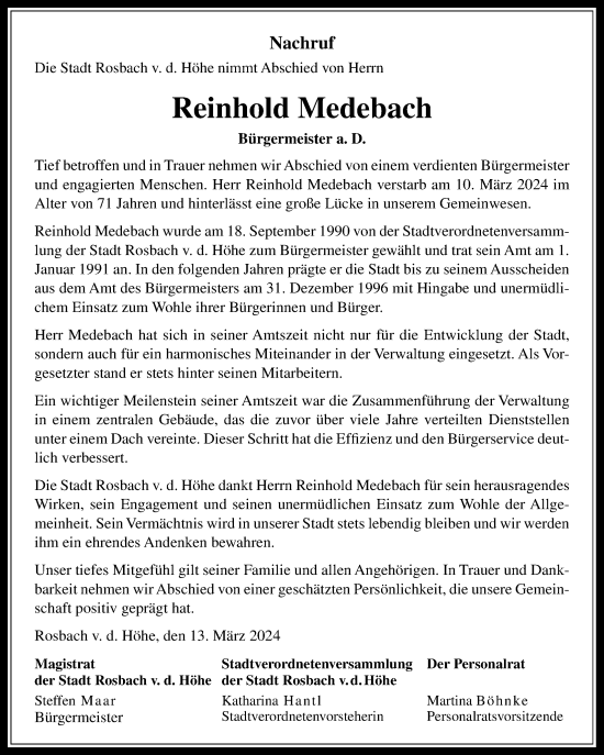 Traueranzeige von Reinhold Medebach von Wetterauer Zeitung