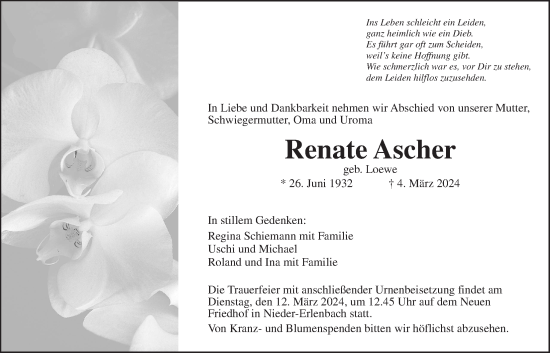Traueranzeige von Renate Ascher von Bad Vilbel/Karben