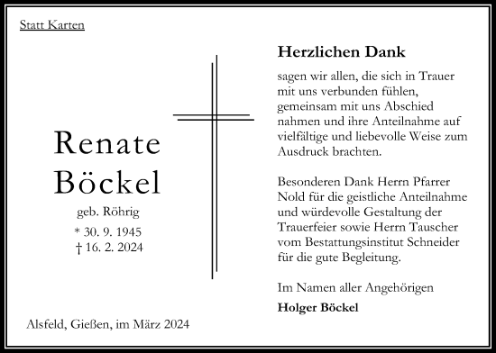 Traueranzeige von Renate Böckel von Oberhessische Zeitung