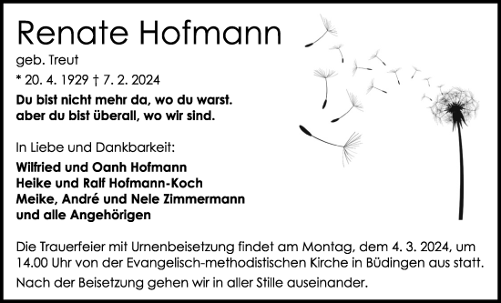 Traueranzeige von Renate Hofmann von Kreis-Anzeiger