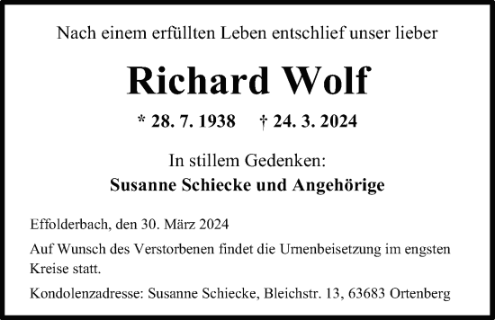 Traueranzeige von Richard Wolf von Kreis-Anzeiger