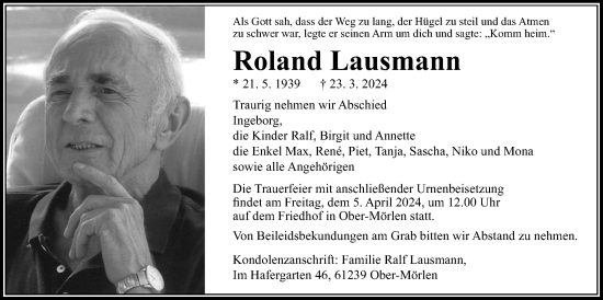 Traueranzeige von Roland Lausmann von Wetterauer Zeitung, Butzbacher Zeitung