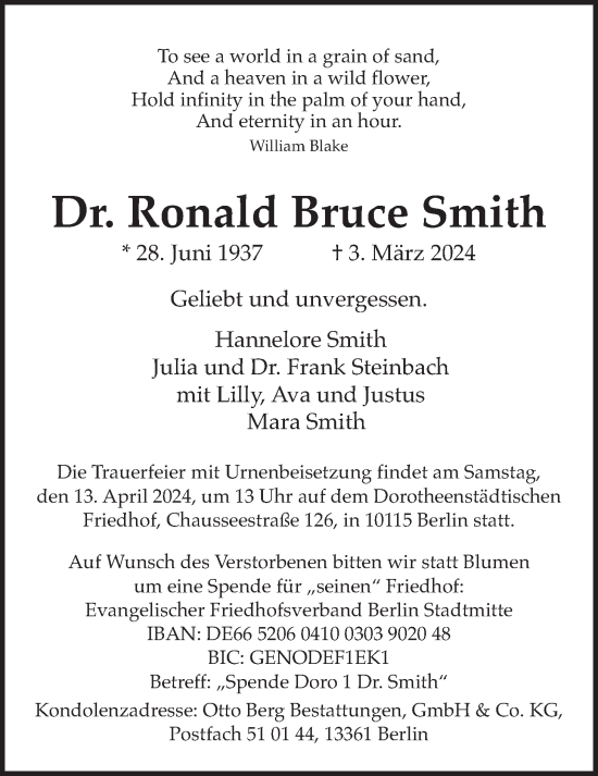 Traueranzeige von Ronald  Smith von Butzbacher Zeitung