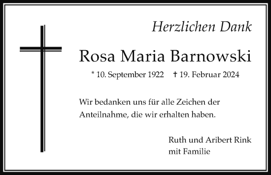 Traueranzeige von Rosa  Barnowski von Butzbacher Zeitung