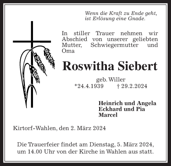 Traueranzeige von Roswitha Siebert von Oberhessische Zeitung