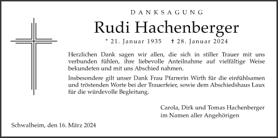 Traueranzeige von Rudolf Hachenberger von Wetterauer Zeitung