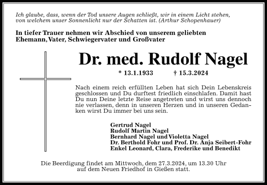 Traueranzeige von Rudolf Nagel von Giessener Allgemeine, Alsfelder Allgemeine, Giessener Anzeiger
