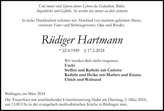 Traueranzeige von Rüdiger Hartmann von Kreis-Anzeiger