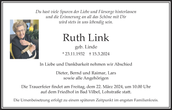 Traueranzeige von Ruth Link von Bad Vilbel/Karben