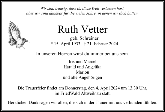 Traueranzeige von Ruth Vetter von Usinger Anzeiger