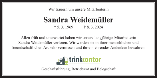 Traueranzeige von Sandra Weidemüller von Giessener Allgemeine, Alsfelder Allgemeine