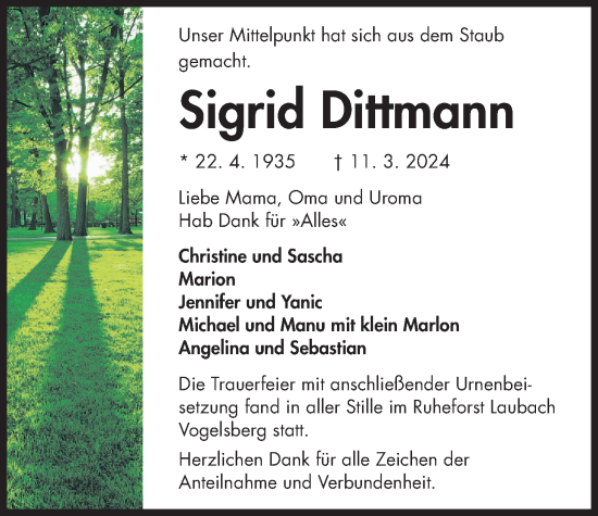 Traueranzeige von Sigrid Dittmann von Kreis-Anzeiger