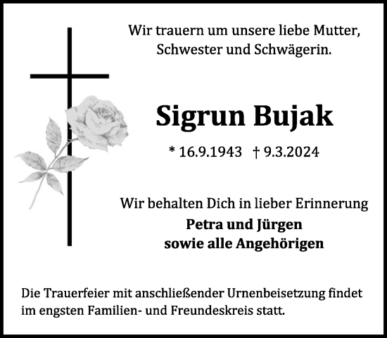 Traueranzeige von Sigrun Bujak 