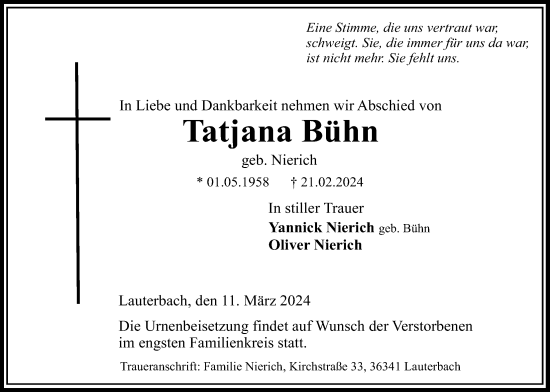 Traueranzeige von Tatjana Bühn von Lauterbacher Anzeiger