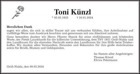 Traueranzeige von Toni Künzl von Kreis-Anzeiger