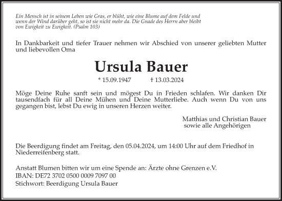 Traueranzeige von Ursula Bauer von Usinger Anzeiger