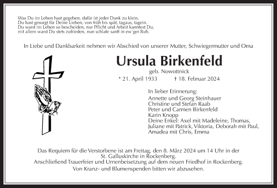 Traueranzeige von Ursula Birkenfeld von Wetterauer Zeitung, Butzbacher Zeitung