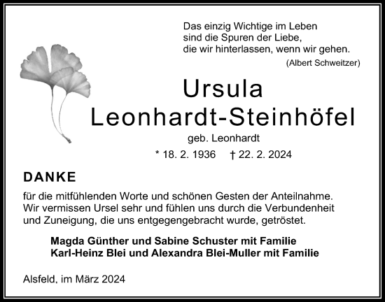 Traueranzeige von Ursula Leonhardt-Steinhöfel von Oberhessische Zeitung, 