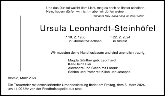 Traueranzeige von Ursula Leonhardt-Steinhöfel von Oberhessische Zeitung