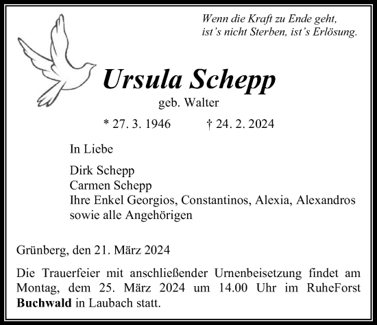 Traueranzeige von Ursula Schepp von Heimatzeitung Grünberg + Laubach