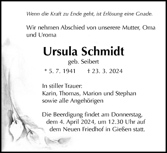 Traueranzeige von Ursula Schmidt von Giessener Allgemeine, Alsfelder Allgemeine, Giessener Anzeiger